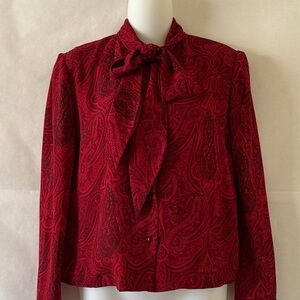 Vintage Red Paisley Bow Tie Blouse Sz S Long Sleeve Button Front Boho 70s Retro